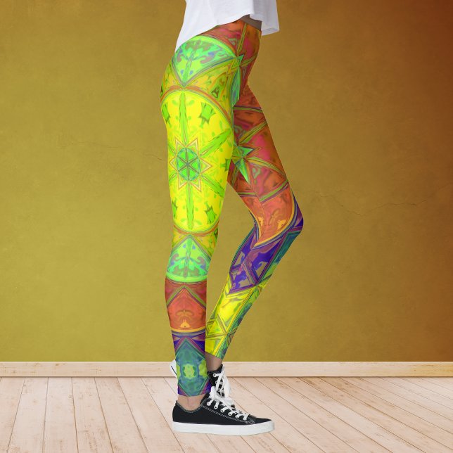 Mosaik Kaleidoskop Blume Gelb Grün und Orange Leggings (Von Creator hochgeladen)