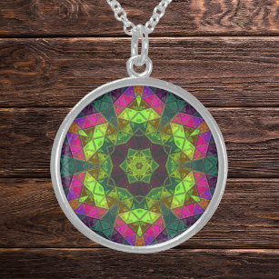 Mosaik Kaleidoskop Blume Grün rosa und Lila Sterling Silberkette