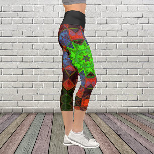 Mosaik Kaleidoskop Blume Grün Rot und Blau Capri Leggings