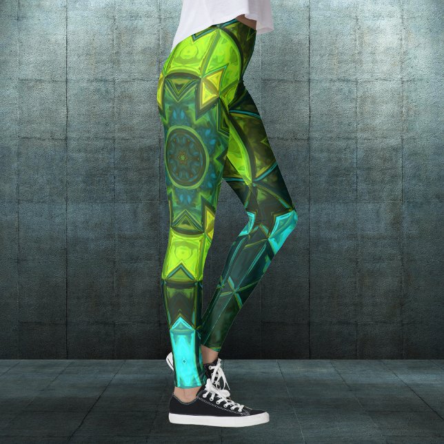 Mosaik Kaleidoskop Blume Grün und Blau Leggings (Von Creator hochgeladen)