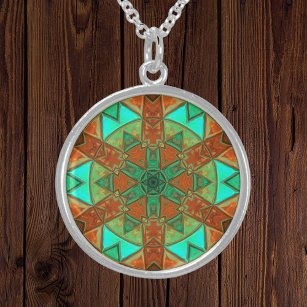 Mosaik Kaleidoskop Blume Grün und Orange Sterling Silberkette