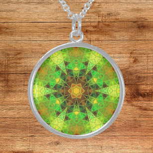 Mosaik Kaleidoskop Blume Grün und Orange Sterling Silberkette
