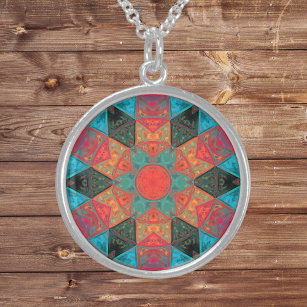 Mosaik Kaleidoskop Blume Rosa und Aquamarin Sterling Silberkette