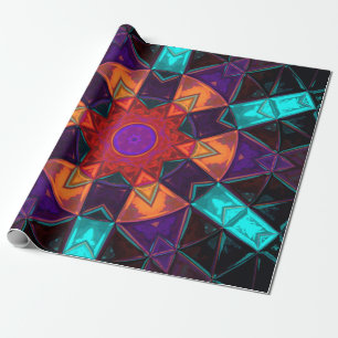 Mosaik Kaleidoskop Blume Rot Orange und Blau Geschenkpapier