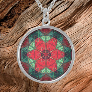 Mosaik Kaleidoskop Blume Rot und Aquamarin Sterling Silberkette
