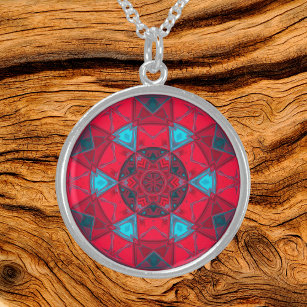 Mosaik Kaleidoskop Blume Rot und Blau Sterling Silberkette