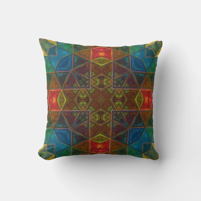 Mosaik Kaleidoskop Platz Blau Rot und Grün Kissen (Vorderseite)