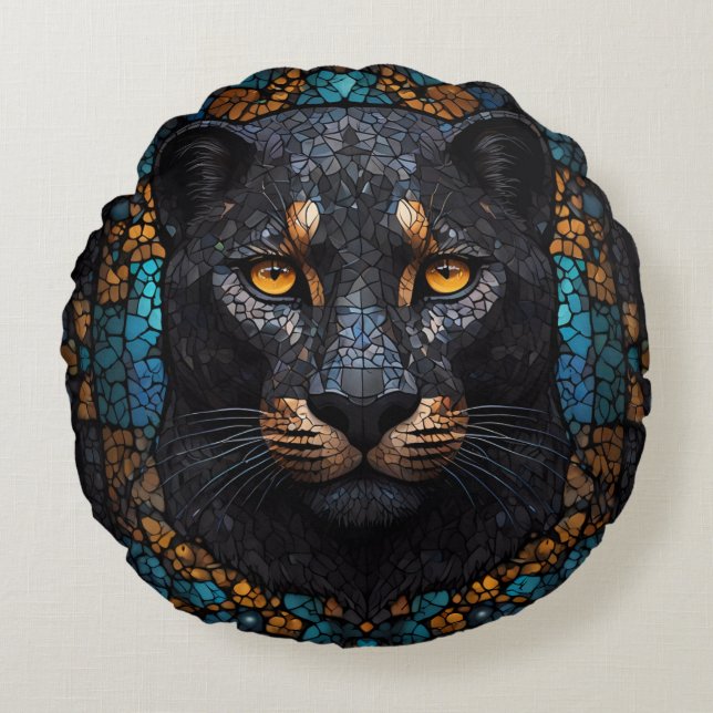 Mosaik Majestät: Der Schwarze Panther Rundes Kissen (Vorderseite)