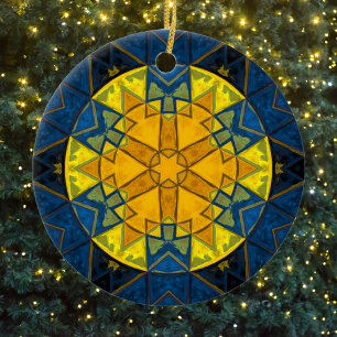 Mosaik Mandala Blume Gelb Blau und Rot Keramik Ornament