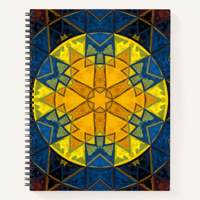 Mosaik Mandala Blume Gelb Blau und Rot Notizbuch (Vorderseite)