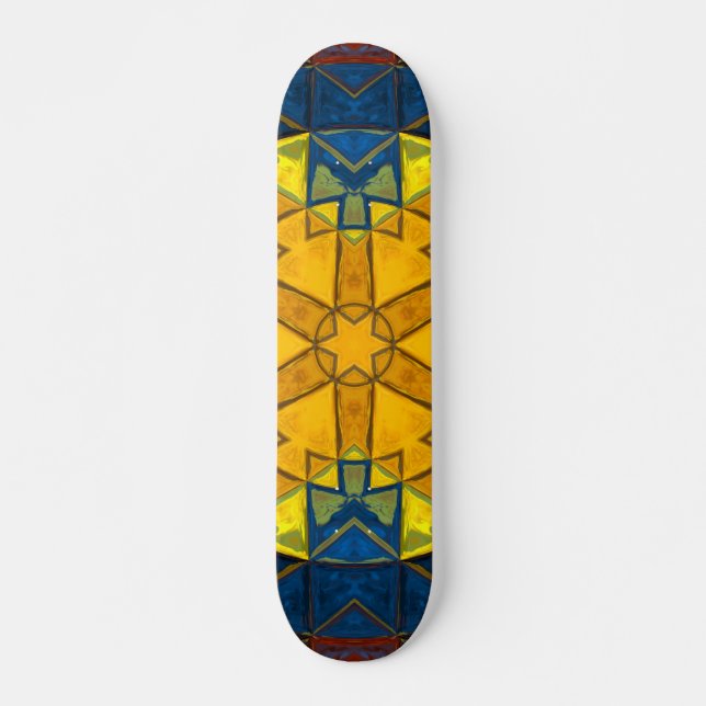 Mosaik Mandala Blume Gelb Blau und Rot Skateboard (Vorne)
