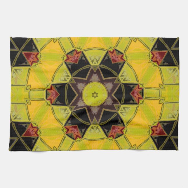 Mosaik Mandala Blume Gelb Grün Rot und Schwarz Geschirrtuch (Horizontal)