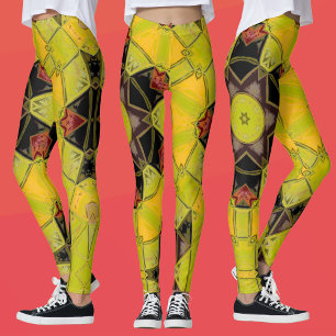 Mosaik Mandala Blume Gelb Grün Rot und Schwarz Leggings