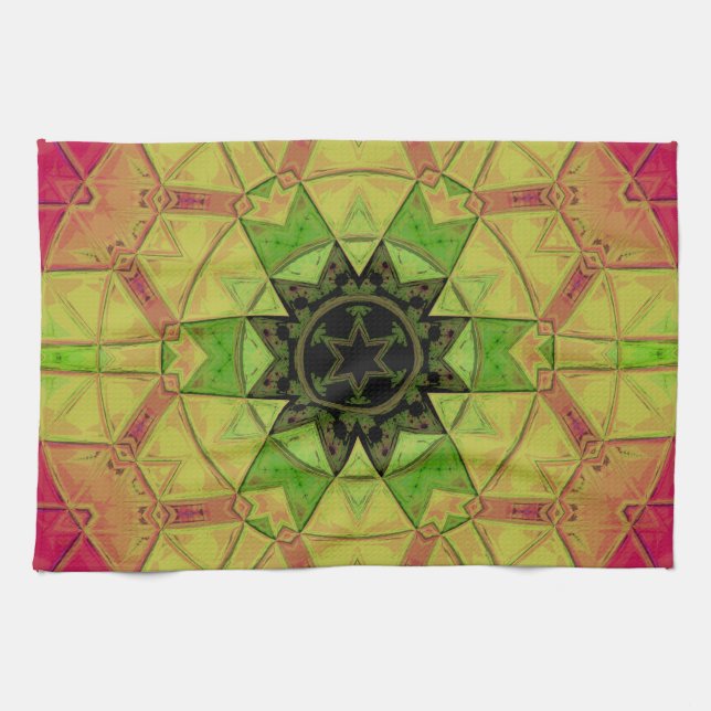 Mosaik Mandala Blume Gelb Grün und Rosa Geschirrtuch (Horizontal)