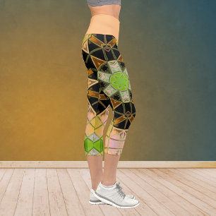 Mosaik Mandala Blume Gelb und Schwarz Capri Leggings