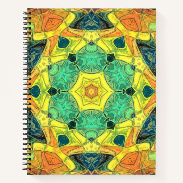 Mosaik Mandala Blume Grün Gelb Blau und Orange Notizbuch (Vorderseite)