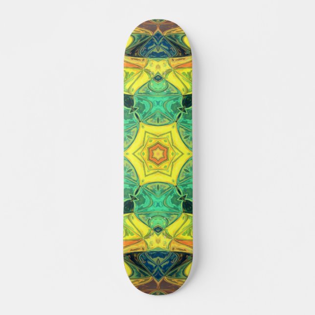 Mosaik Mandala Blume Grün Gelb Blau und Orange Skateboard (Vorne)