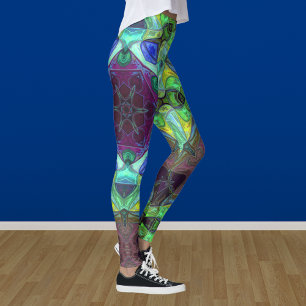 Mosaik Mandala Blume Lila Blau und Grün Leggings
