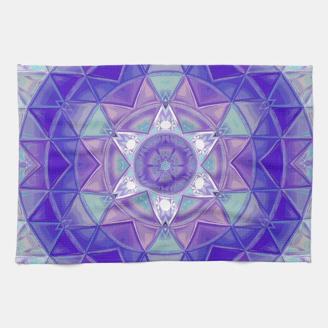 Mosaik Mandala Blume Lila Blau und Weiß Geschirrtuch (Horizontal)
