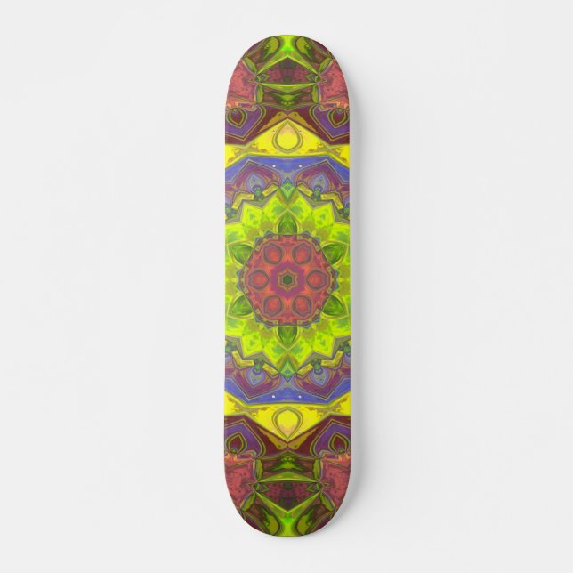Mosaik Mandala Blume Rosa Gelb und Grün Skateboard (Vorne)