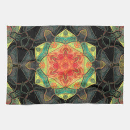 Mosaik Mandala Blume Rot Gelb Grün und Schwarz Geschirrtuch