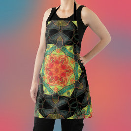 Mosaik Mandala Blume Rot Gelb Grün und Schwarz Schürze