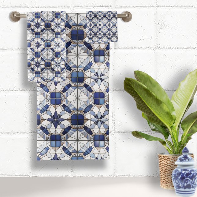 Mosaik marokkanisches Fliesenmuster#2 Blau-Weiß-ID Badhandtuch Set (Von Creator hochgeladen)