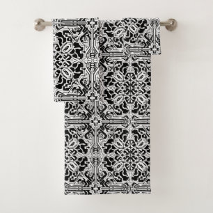 Mosaik-marokkanisches Fliesenmuster in Schwarz/Wei Badhandtuch Set