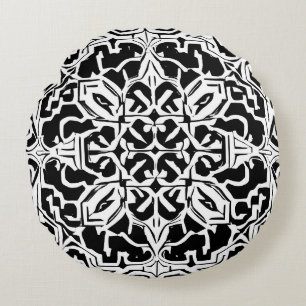 Mosaik-marokkanisches Fliesenmuster in Schwarz/Wei Rundes Kissen