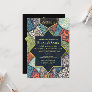 Mosaik-Muslim-Hochzeitseinladung, Schwarz und Gold Einladung