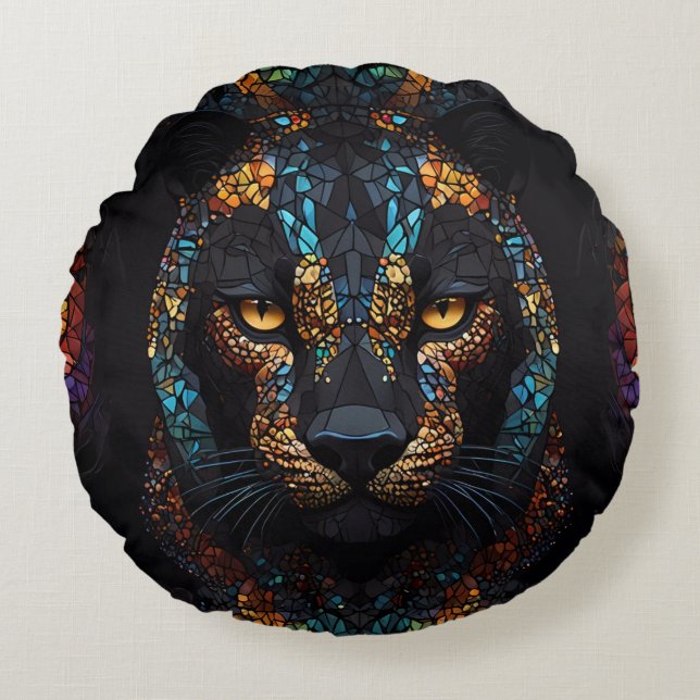 Mosaik Panther Art Rundes Kissen (Vorderseite)