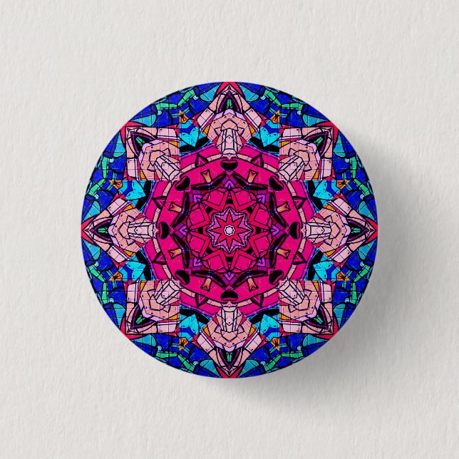 Mosaik Pink Mandala Floral Psychedelic Retro Button (Vorderseite)