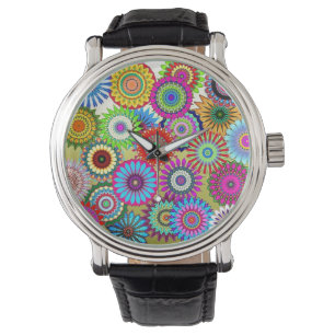 Mosaik Pinwheels Vintag Lederband Schwarze Uhr