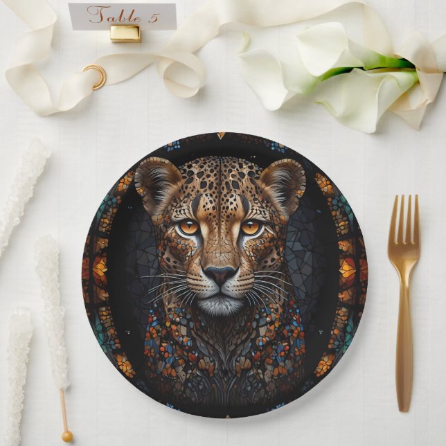 Mosaik Stached Glass Cheetah Portrait Pappteller (Hochzeit)