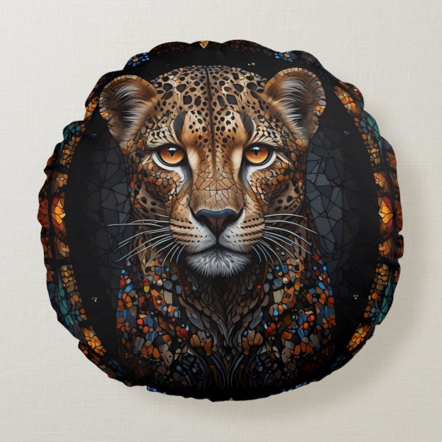 Mosaik Stached Glass Cheetah Portrait Rundes Kissen (Vorderseite)