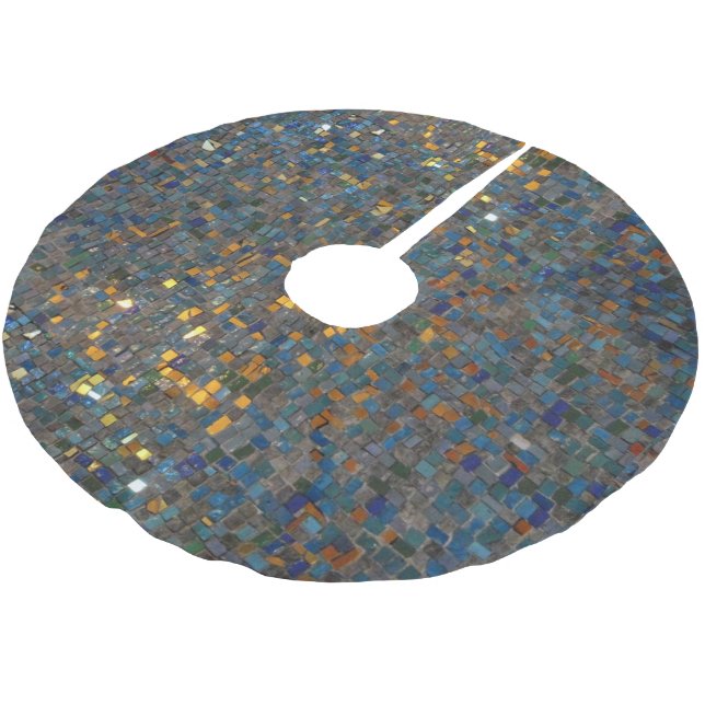 Mosaik-Steine im Blau und im Gold Polyester Weihnachtsbaumdecke (Schrägansicht)