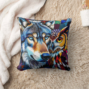 Mosaik Wolf, Eule und Vollmond Kissen