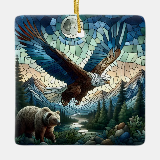 Mosaikbär und Adler im Gebirge Keramikornament (Vorderseite)