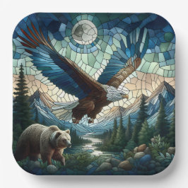 Mosaikbär und Adler im Gebirge Pappteller