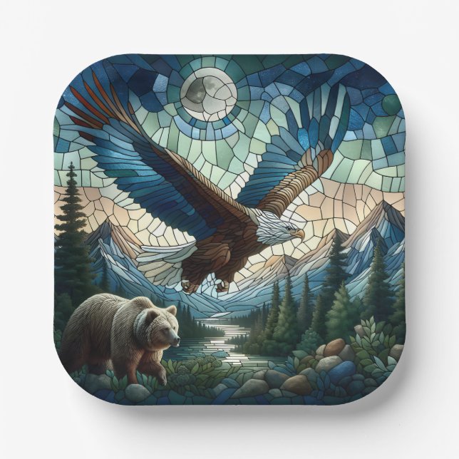 Mosaikbär und Adler im Gebirge Pappteller (Vorderseite)