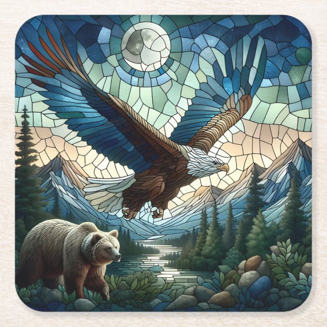 Mosaikbär und Adler im Gebirge Rechteckiger Pappuntersetzer (Vorderseite)
