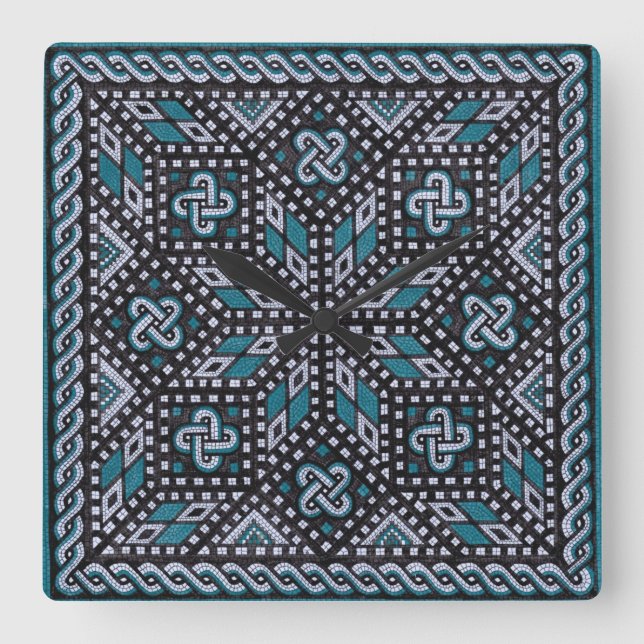 Mosaikbild schwarz grau und matisblau quadratische wanduhr (Vorderseite)