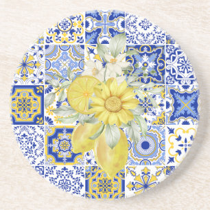 Mosaikblüten in Blau und Gelb Getränkeuntersetzer