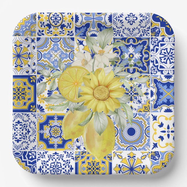 Mosaikblüten in Blau und Gelb Pappteller (Vorderseite)