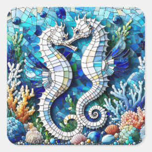 Mosaike Seepferde Romantischer Strand Quadratischer Aufkleber