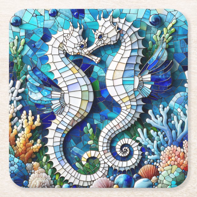 Mosaike Seepferde Romantischer Strand Rechteckiger Pappuntersetzer (Vorderseite)