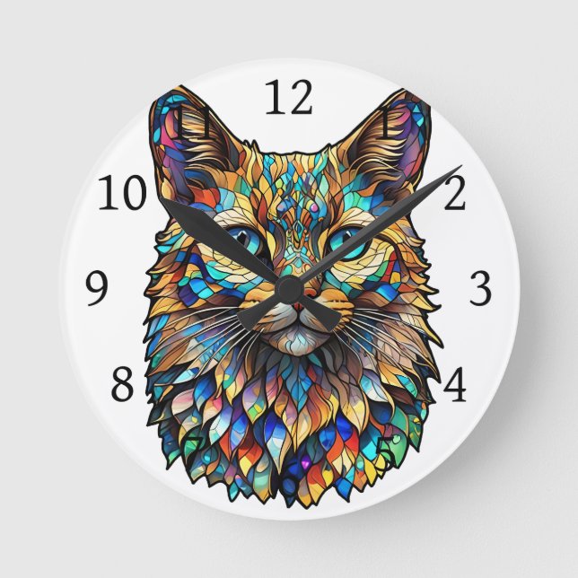 Mosaikgestanztes Glas Multicolor Katze 760 Runde Wanduhr (Vorderseite)