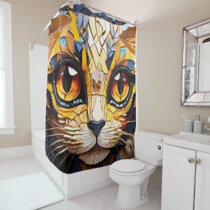 Mosaikkatze aus festem Glas - künstlerische Feline Duschvorhang