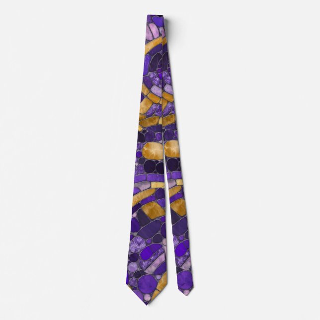 Mosaikkunst aus Kieselsteinen - Amethyst und Gold Krawatte (Vorderseite)