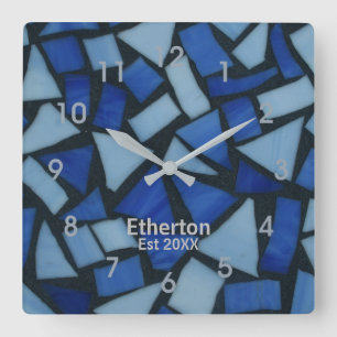Mosaikmuster aus blauem Glas Acryl-Wandleuchte Quadratische Wanduhr